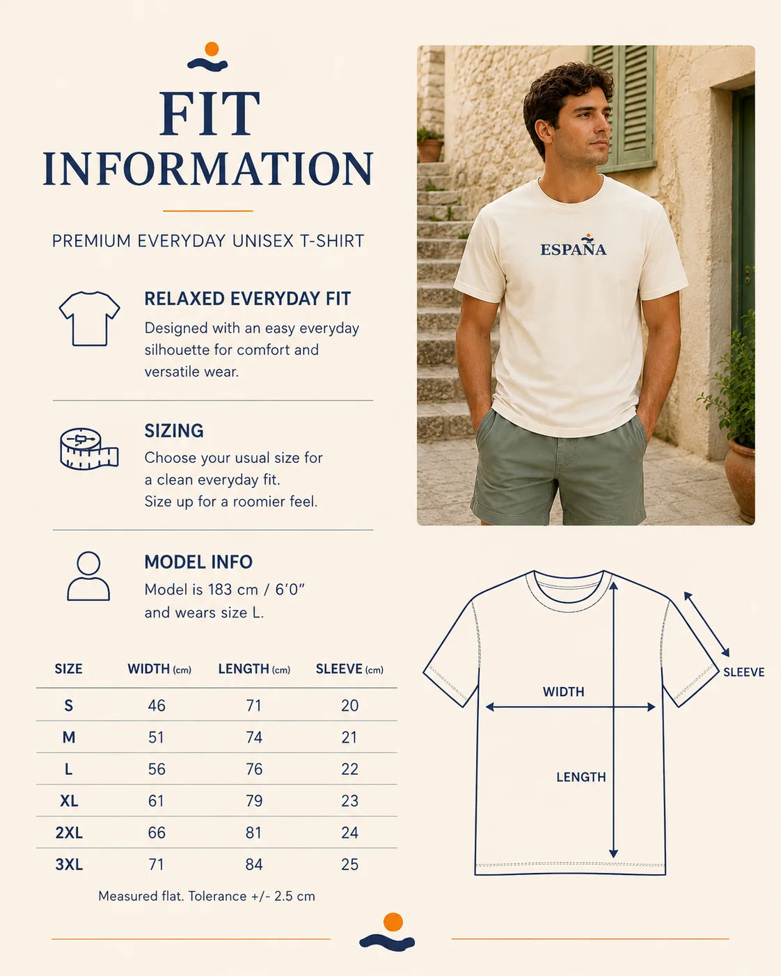 A fit and sizing infographic for a white unisex T-shirt. The left side features text detailing the relaxed fit, sizing table from S to 3XL, and a model wearing the shirt.