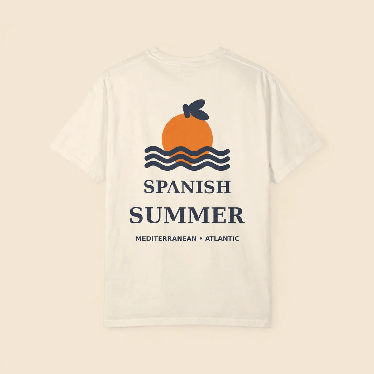 A white short-sleeve t-shirt with a graphic on the back featuring an orange sun, blue waves, and the text 'SPANISH SUMMER' and 'MEDITERRANEAN • ATLANTIC' on a light beige background.