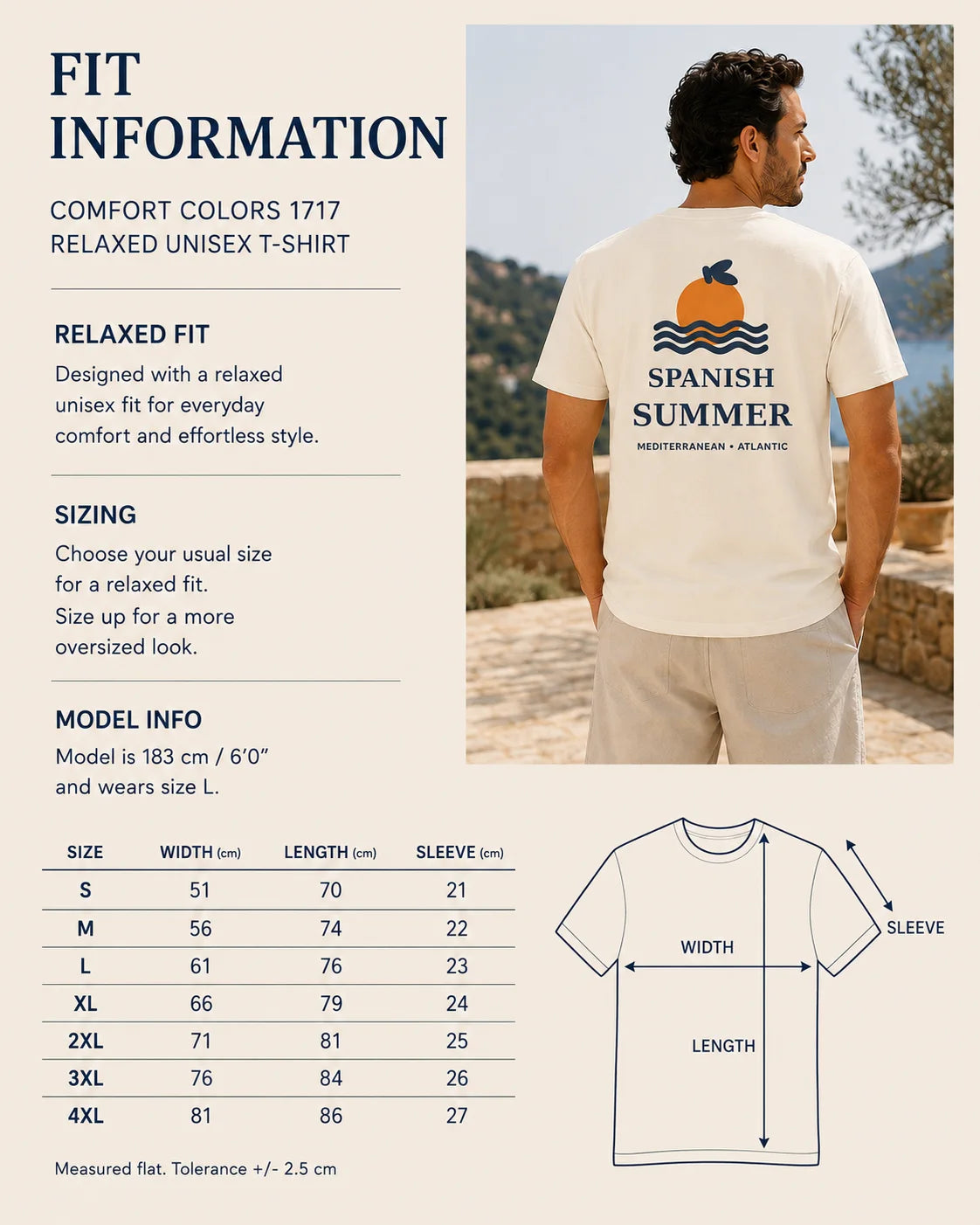 A model wearing a relaxed-fit unisex t-shirt with a 'Spanish Summer' graphic, shown alongside a detailed fit information chart, sizing table, and measurement diagram.