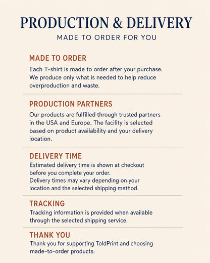 A text-based informational graphic on a light beige background with the heading 'PRODUCTION & DELIVERY' and several paragraphs explaining order customization, production partners, delivery time, tracking, and thanks to ToldPrint.