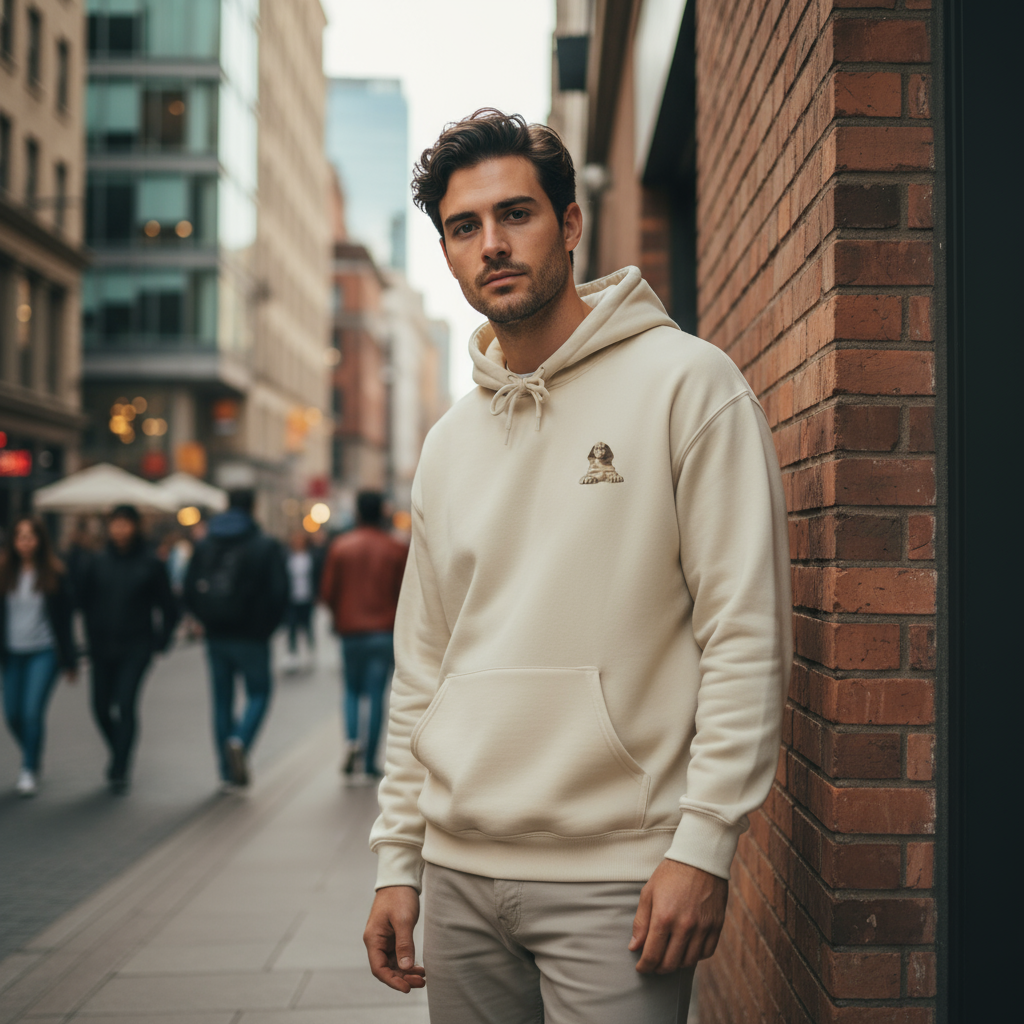 Man wearing a beige hoodie leaning against a brick wall in an urban setting