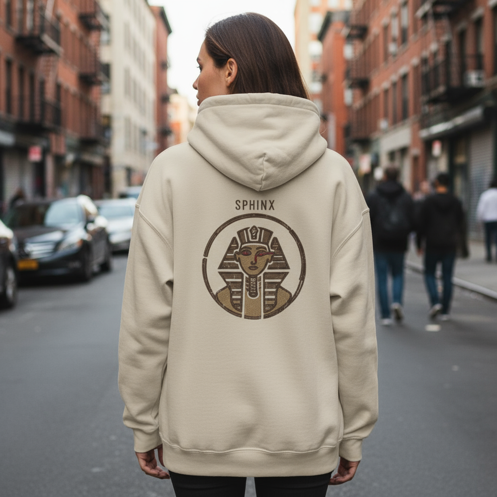 Person wearing a beige hoodie with 'Sphinx' logo on the back, walking down a city street.