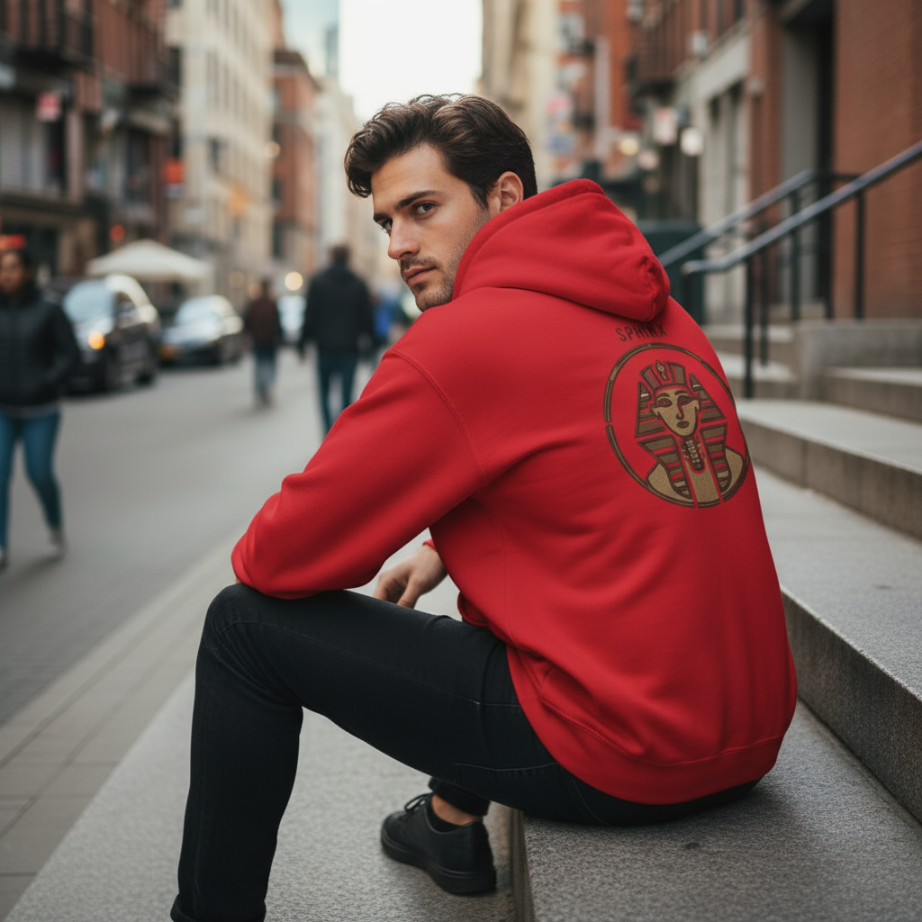 Man wearing a red hoodie with a logo sitting on steps in an urban setting