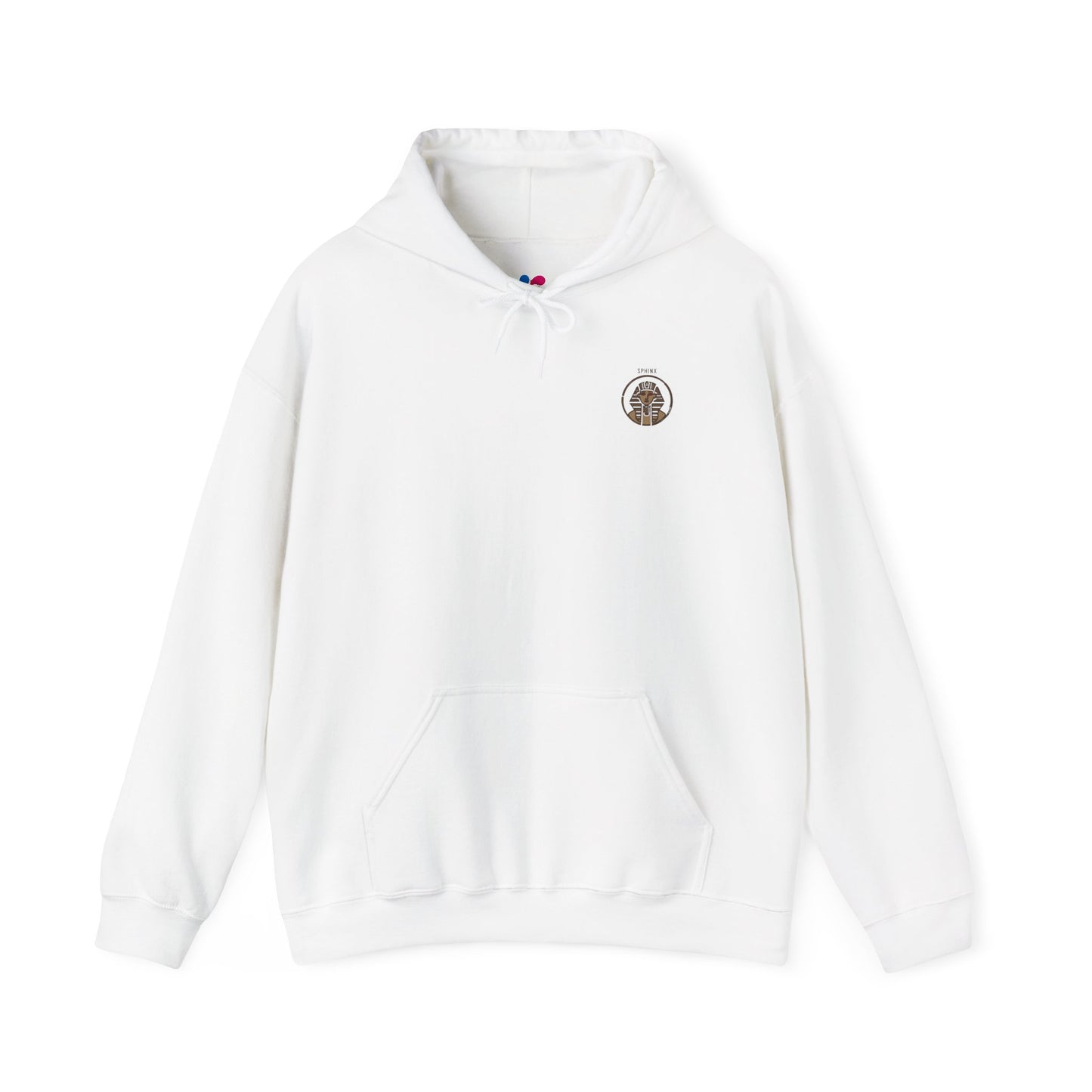 White hoodie with a small logo on the chest against a white background