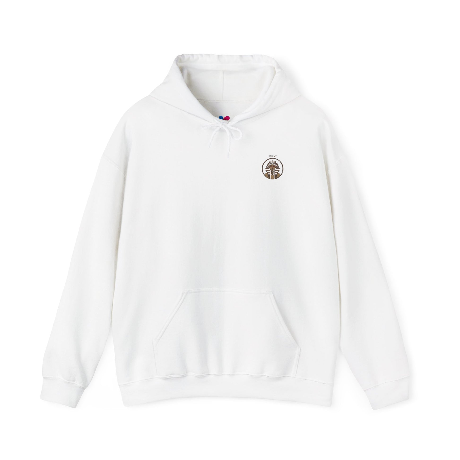 White hoodie with a small logo on the chest against a white background