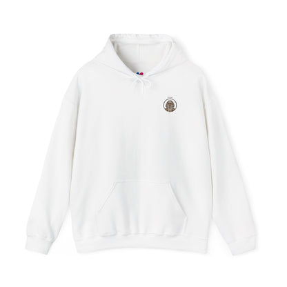 White hoodie with a small logo on the chest against a white background