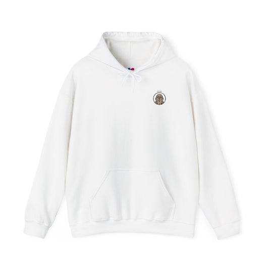 White hoodie with a small logo on the chest against a white background