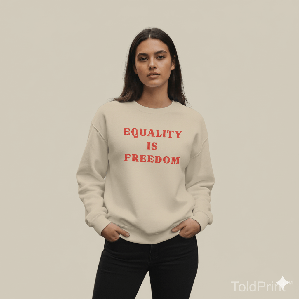Person wearing a beige sweatshirt with 'EQUALITY IS FREEDOM' text in red on a plain background