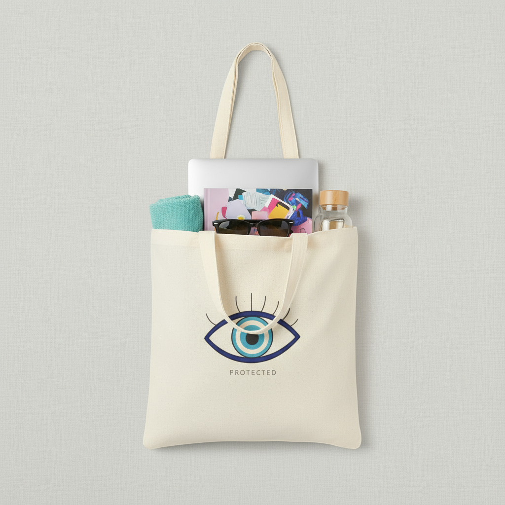 Tote bag with eye design and text 'PROTECTED' on a gray background