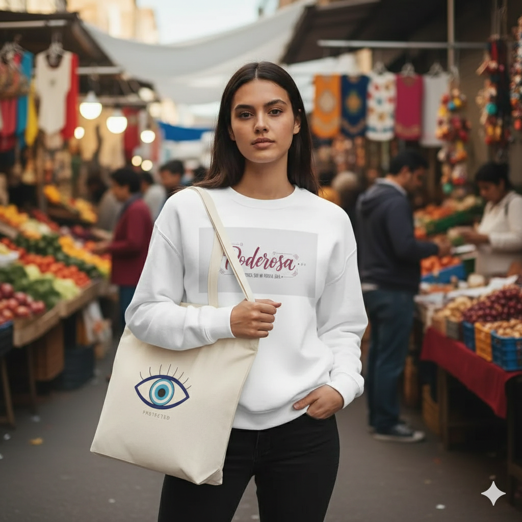 Woman holding a tote bag with an eye design at a market