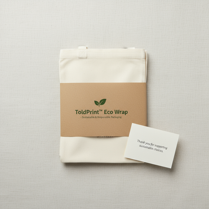 Eco-friendly wrap with ToldPrint branding on a light gray background