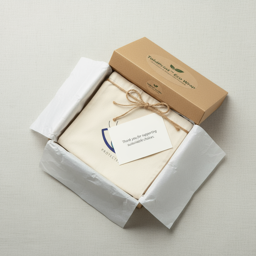 Open box containing eco-friendly products with a visible brand label on a light background