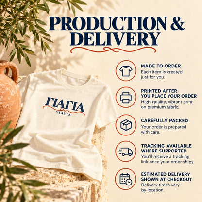 YIAYIA made-to-order production and delivery information