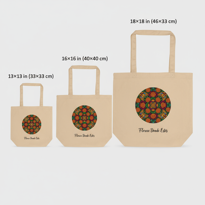 Four tote bags of different sizes with floral designs and text on a light gray background