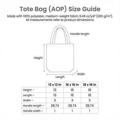 Tote bag size guide with dimensions and measurements on a white background