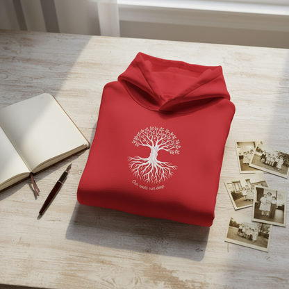 Tree_of_Heritage_Hoodie_Hoodie_folded_with_notebook_and_vintage_family_photo_props