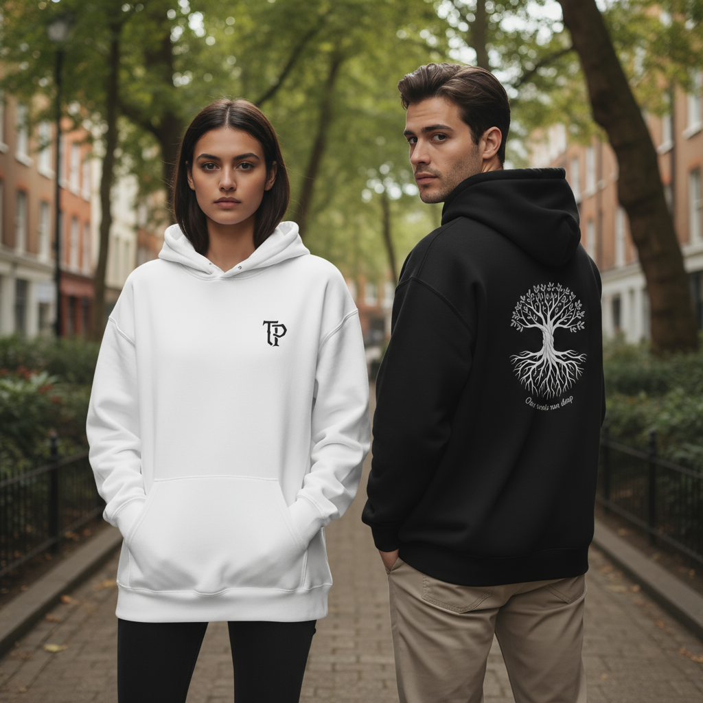 Two people wearing hoodies with logos in an outdoor setting