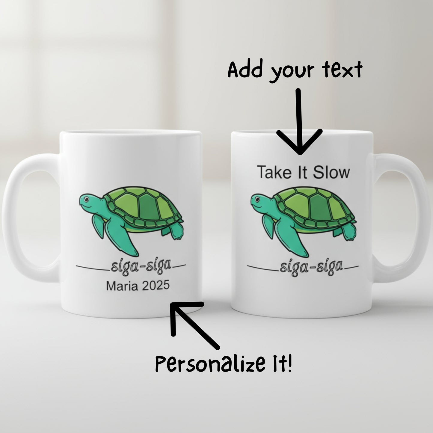 Two white mugs with green turtles and text on a white background