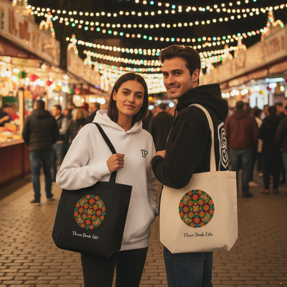 Two people holding tote bags with a circular design in an outdoor market setting.