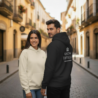 Two people wearing hoodies on a street with buildings in the background