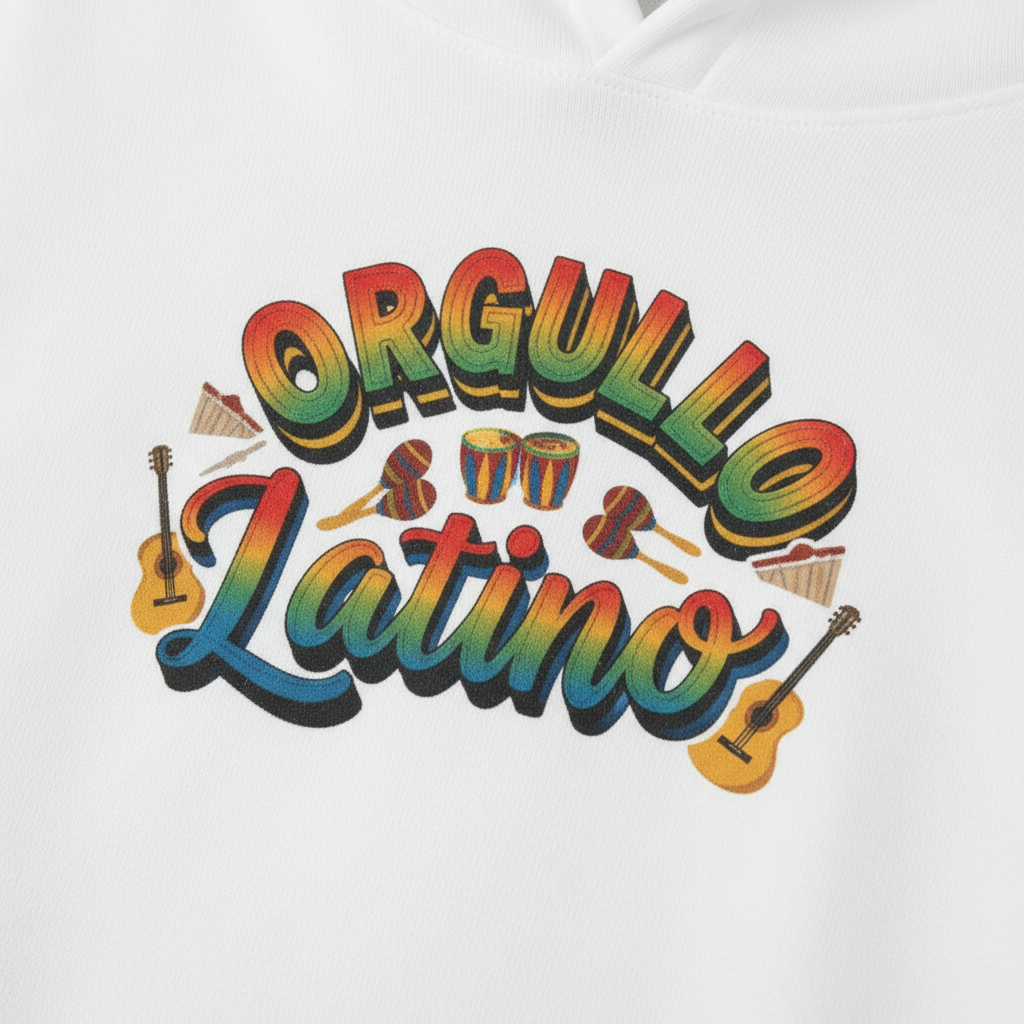 Colorful 'Orgullo Latino' text with musical instruments on a white background