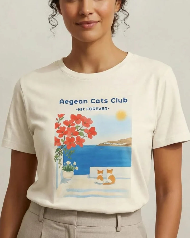 Aegean Cats Club T-Shirt, Coastal Cat Lover Tee, Minimal Mediterranean Shirt, Unisex Summer Apparel, ToldPrint Mediterrane...
