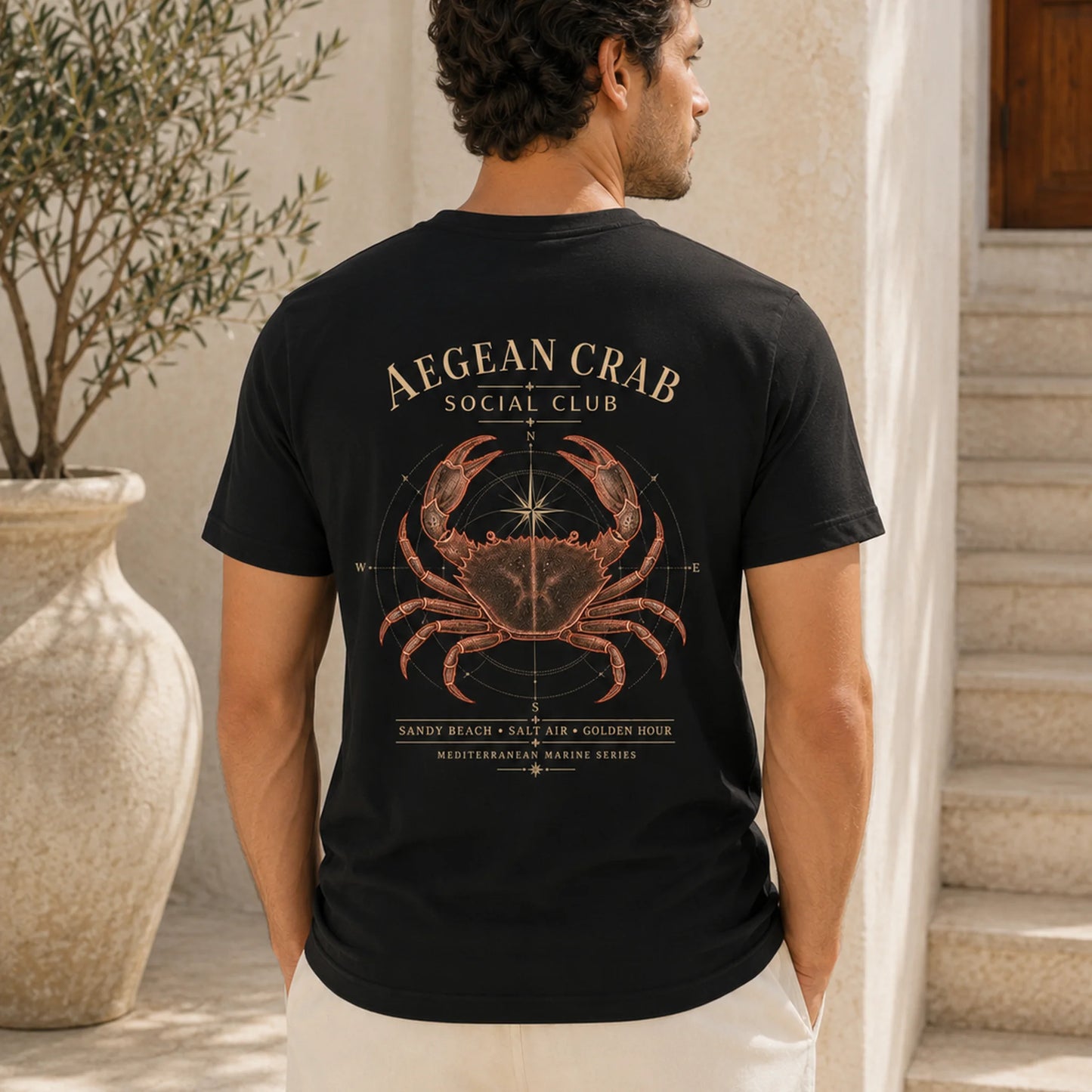 TP HERO: Black Aegean Crab Social Club Tee with nautical crab back graphic
