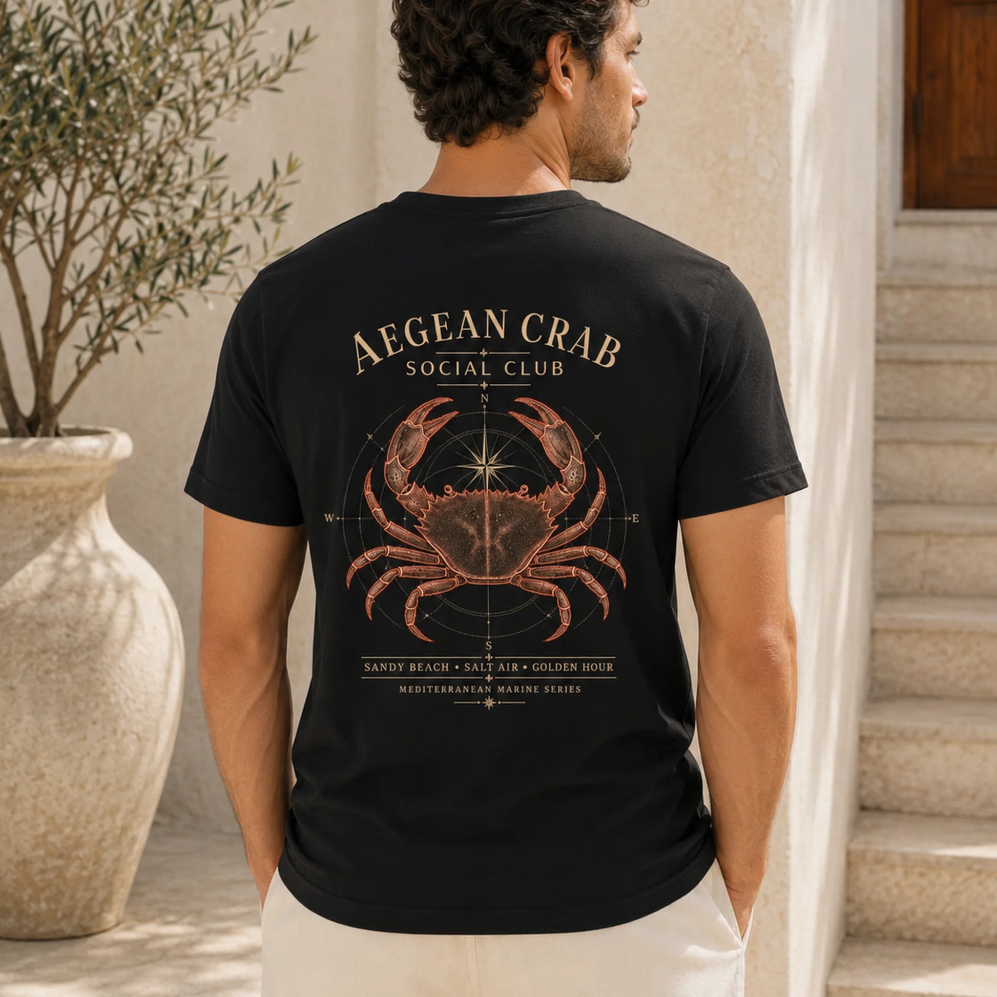 TP HERO: Black Aegean Crab Social Club Tee with nautical crab back graphic