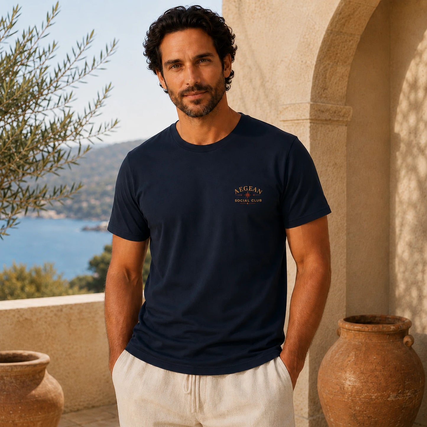 Navy Aegean Crab Social Club Tee with small Aegean Social Club chest mark