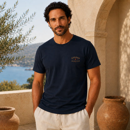 Navy Aegean Crab Social Club Tee with small Aegean Social Club chest mark