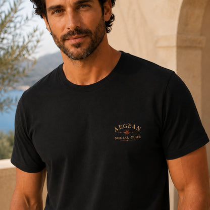 Black Aegean Crab Social Club Tee with small Aegean Social Club chest mark