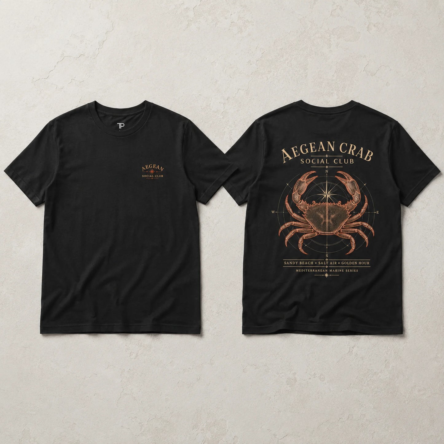 Black Aegean Crab Social Club T-Shirt flat lay showing front chest mark and crab back print