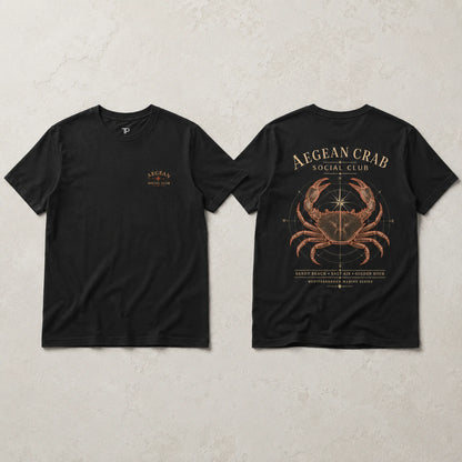 Black Aegean Crab Social Club T-Shirt flat lay showing front chest mark and crab back print
