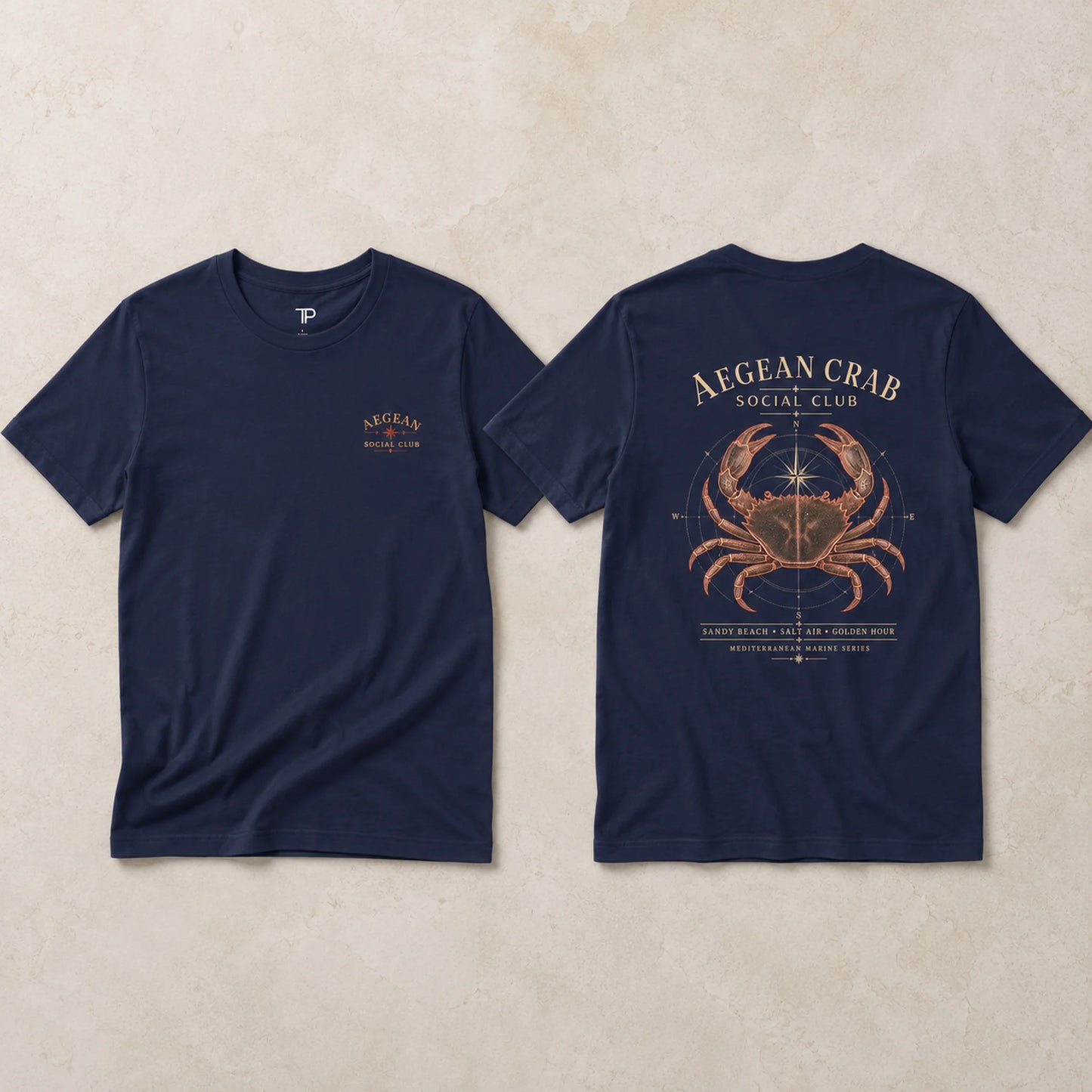 Navy Aegean Crab Social Club T-Shirt flat lay showing front chest mark and back print