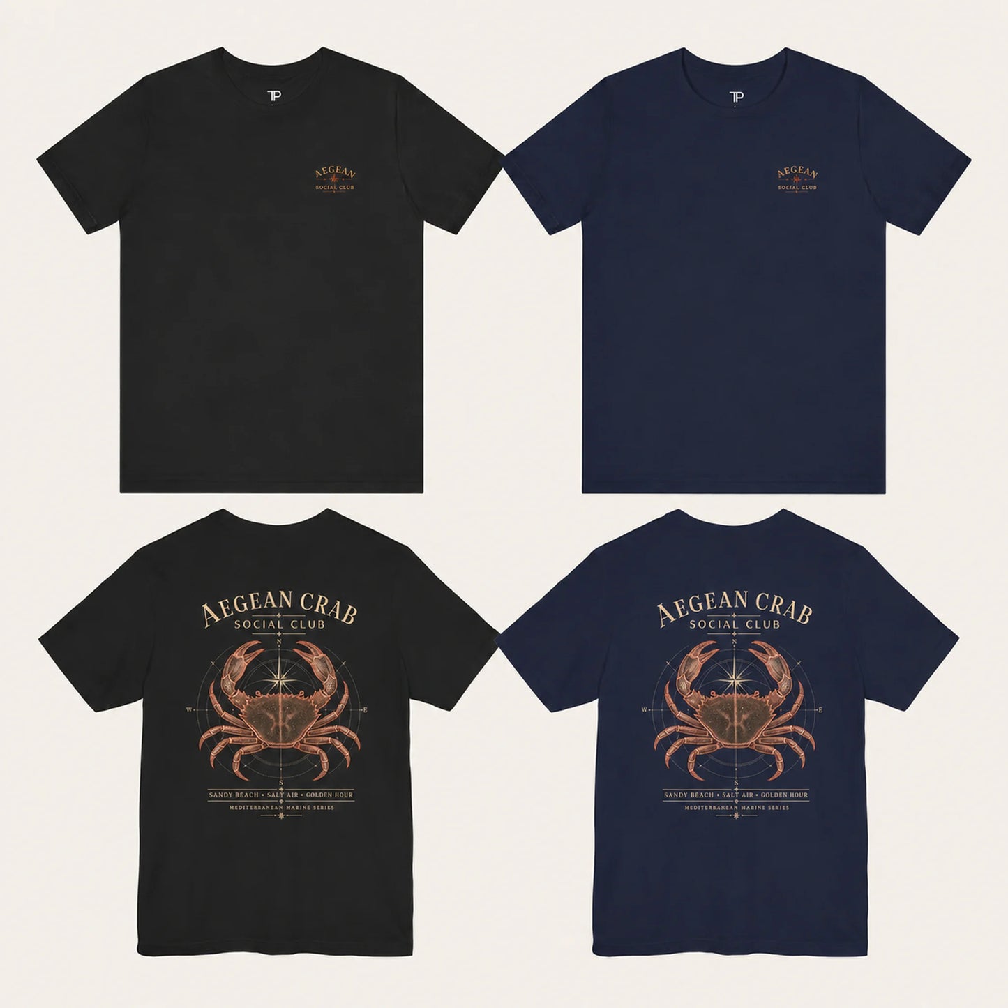 Aegean Crab Social Club T-Shirt color lineup in black and navy with front and back views