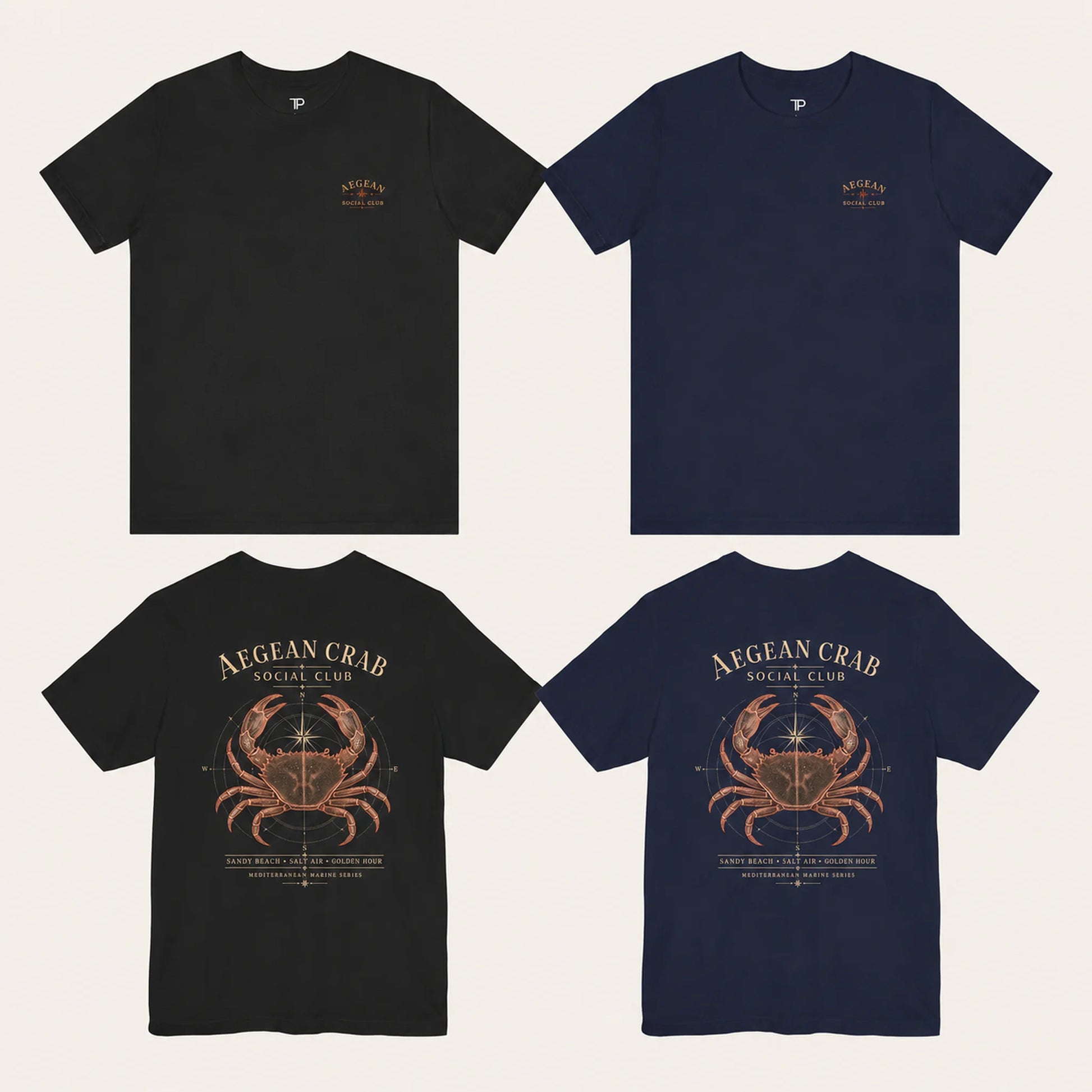 Aegean Crab Social Club T-Shirt color lineup in black and navy with front and back views