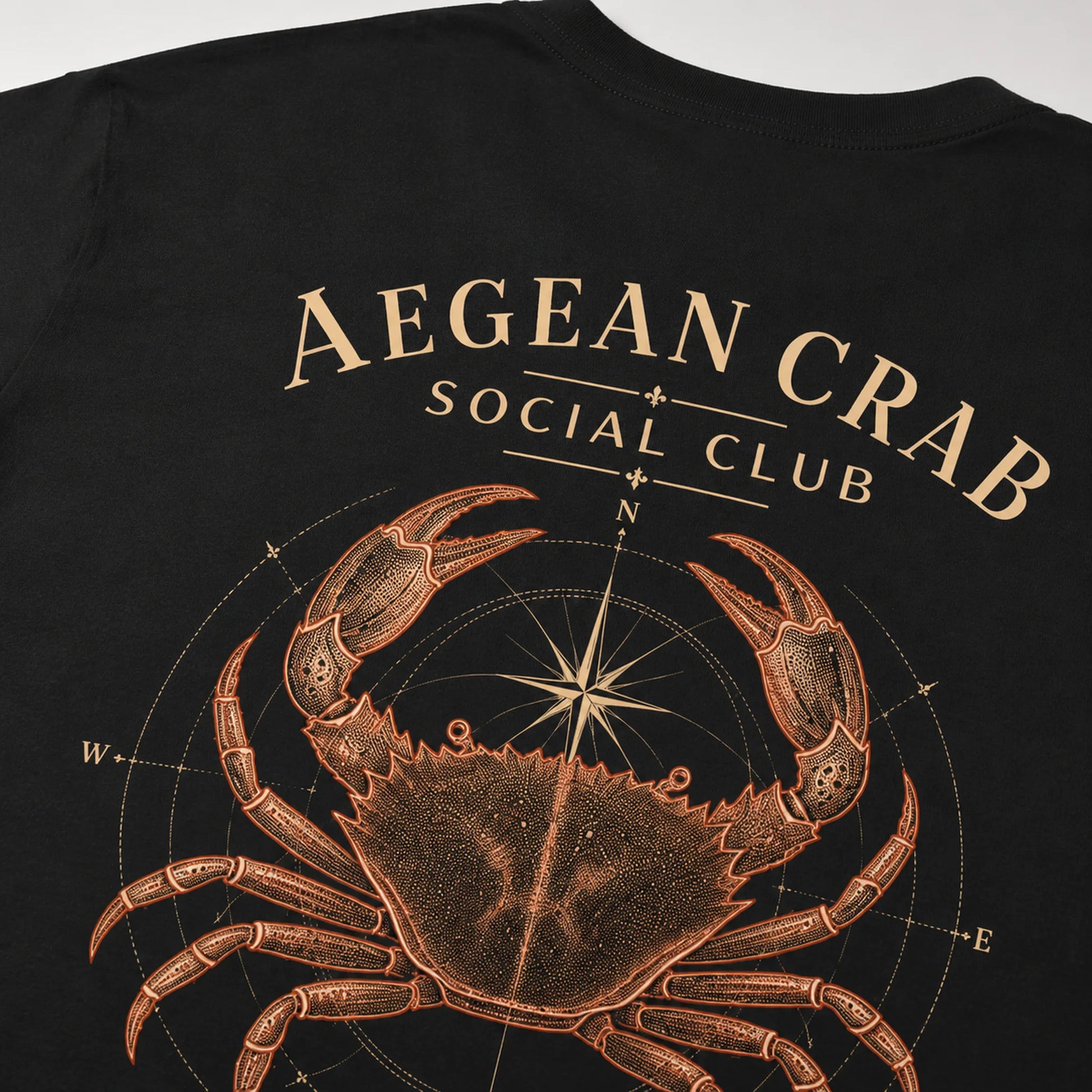 Close-up of Aegean Crab Social Club back print with nautical crab artwork