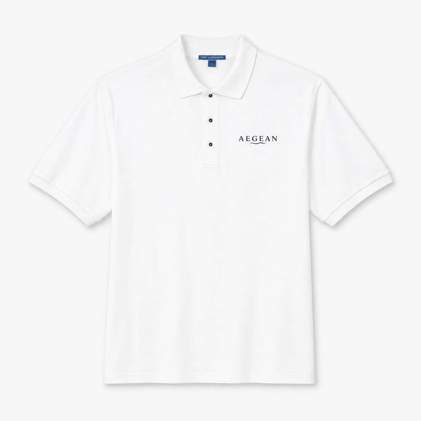 A white short-sleeve polo shirt with a three-button placket and the brand name 'AEGEAN' printed in navy on the left chest, displayed on a clean white background.