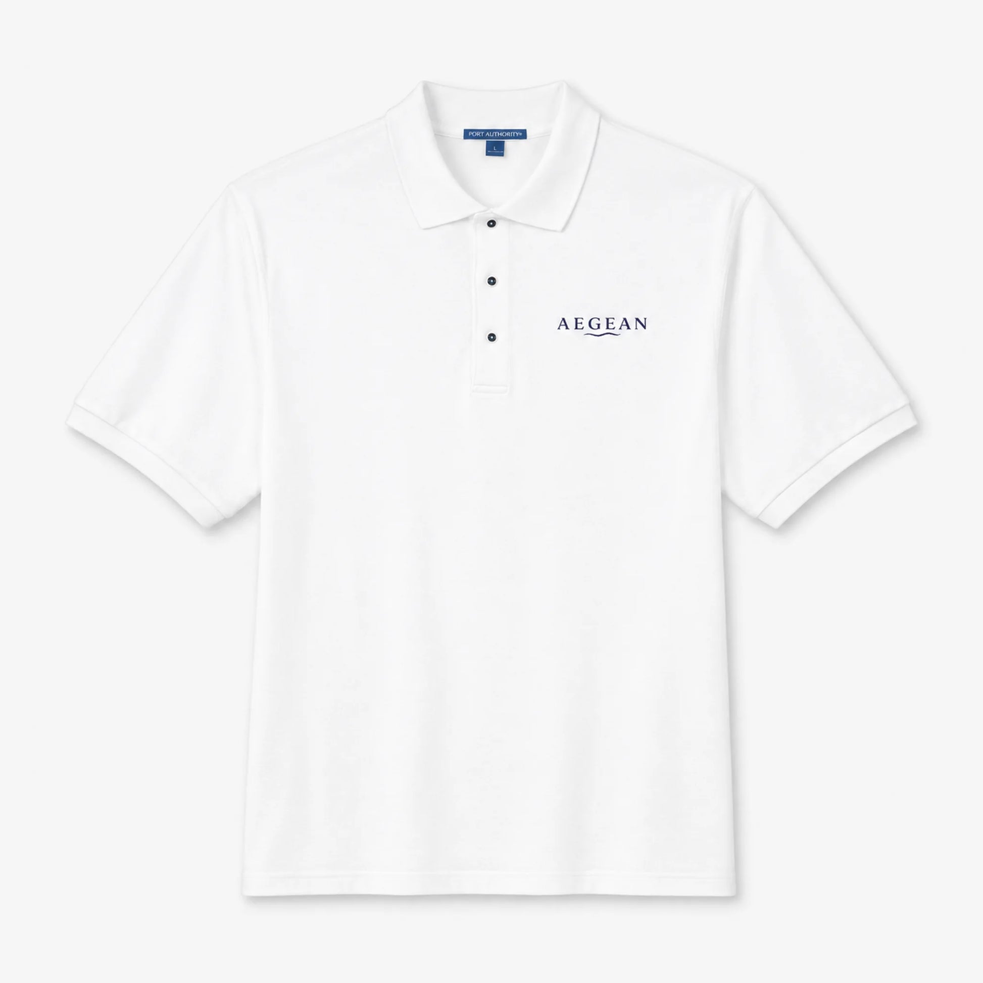 A white short-sleeve polo shirt with a three-button placket and the brand name 'AEGEAN' printed in navy on the left chest, displayed on a clean white background.