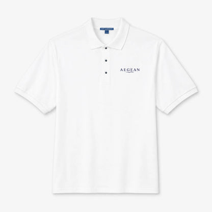 A white short-sleeve polo shirt with a three-button placket and the brand name 'AEGEAN' printed in navy on the left chest, displayed on a clean white background.
