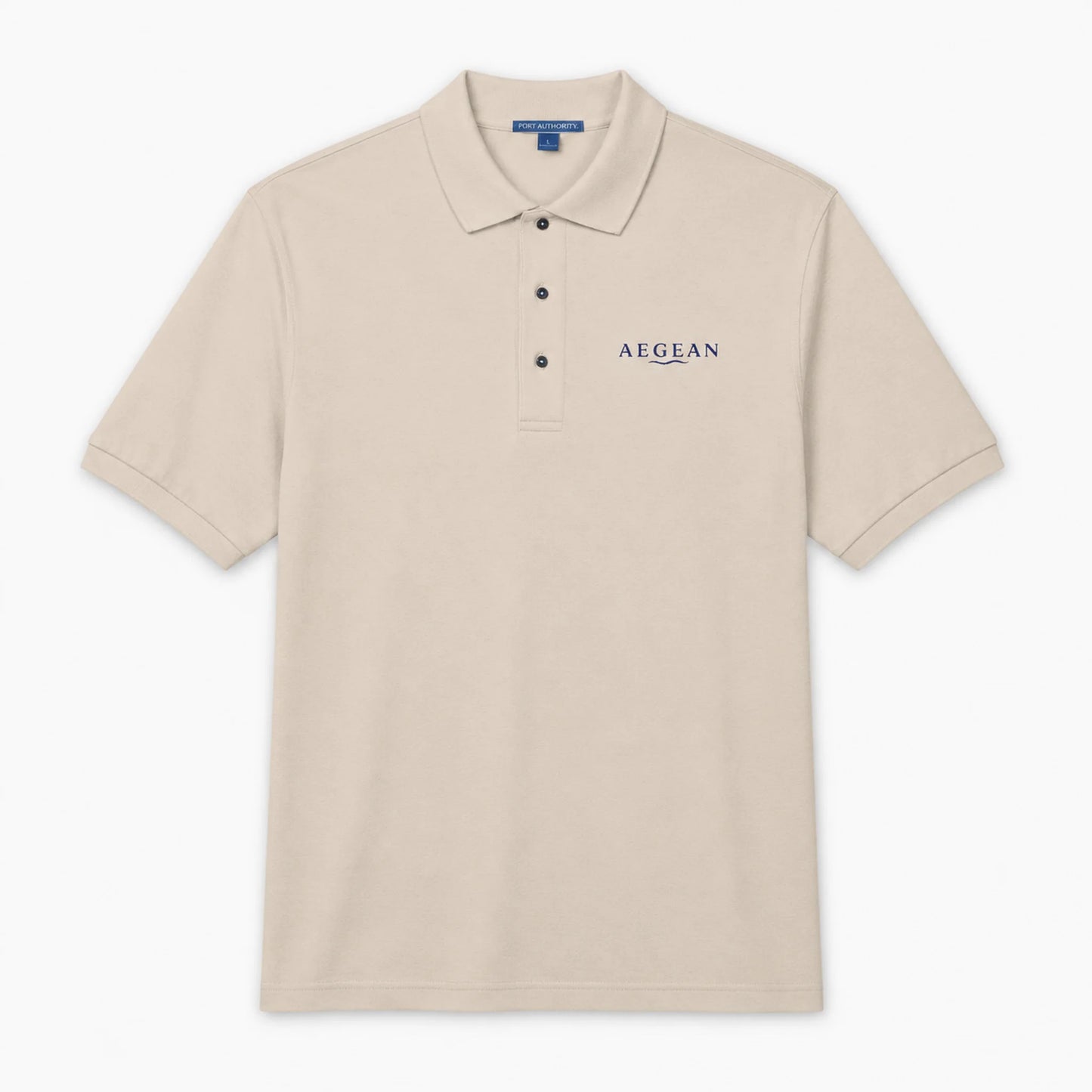 A stone short-sleeve polo shirt with a three-button placket and 'AEGEAN' printed in navy blue on the left chest, displayed on a clean white background.