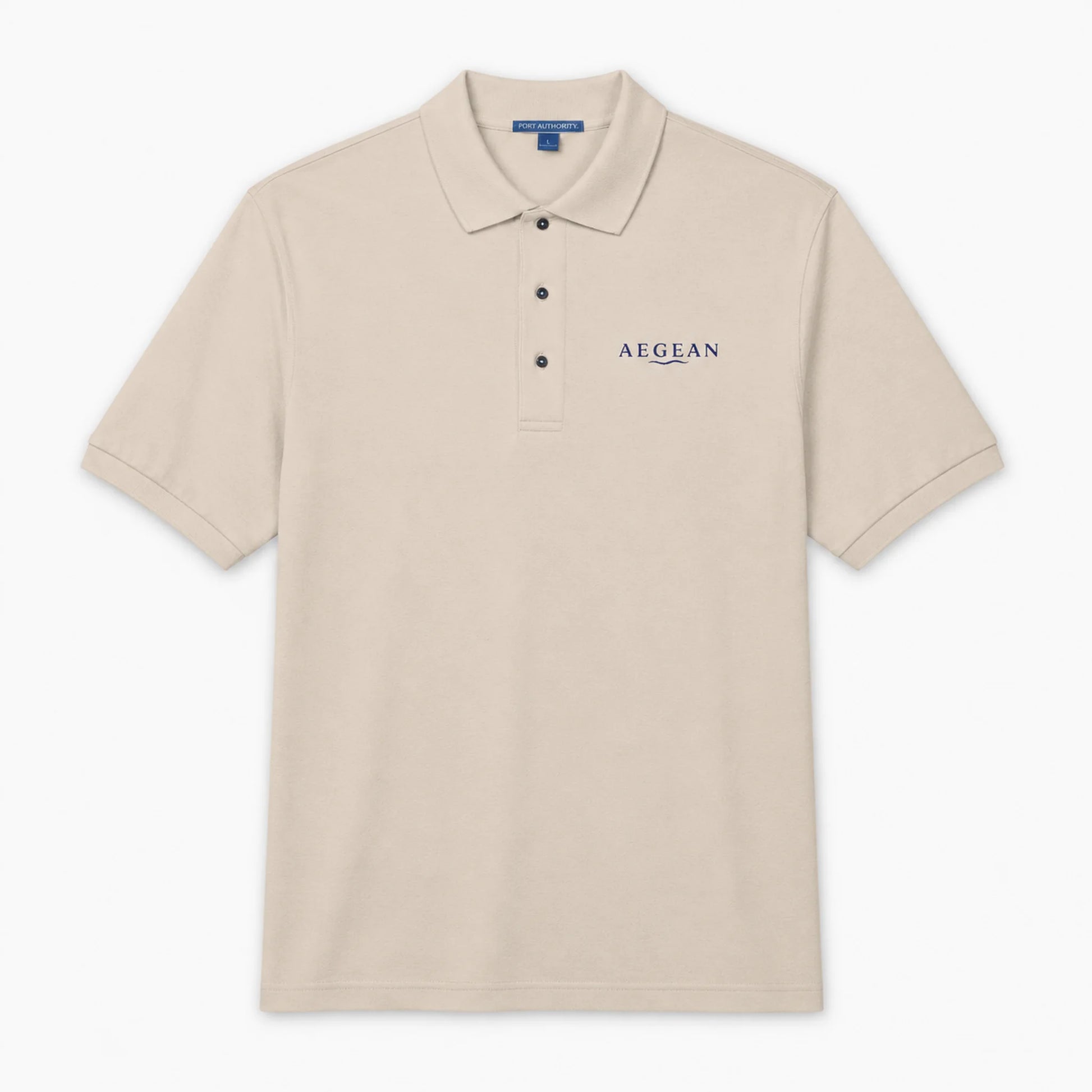 A stone short-sleeve polo shirt with a three-button placket and 'AEGEAN' printed in navy blue on the left chest, displayed on a clean white background.