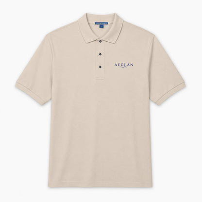A stone short-sleeve polo shirt with a three-button placket and 'AEGEAN' printed in navy blue on the left chest, displayed on a clean white background.