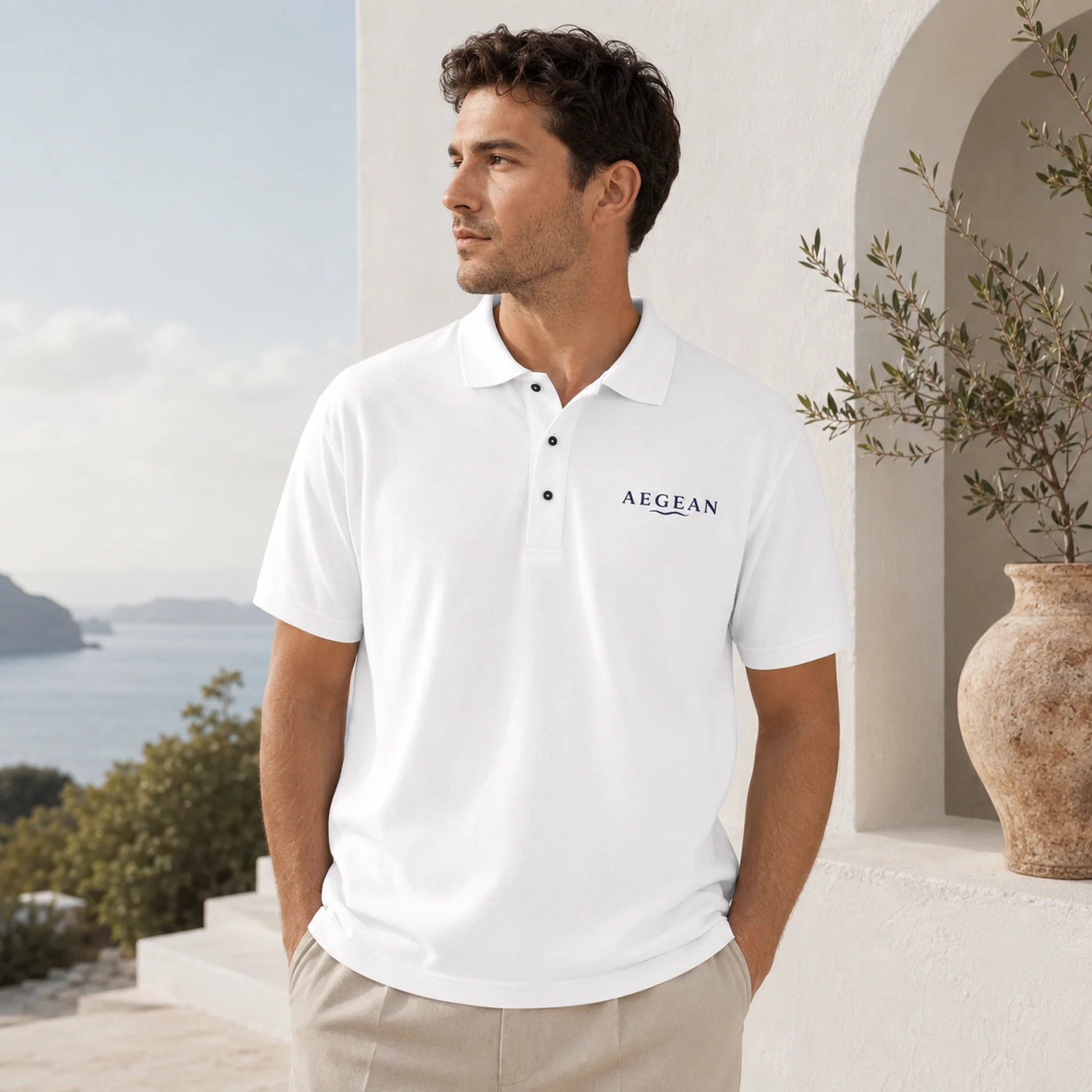 A man wearing a white short-sleeve polo shirt with the brand name 'ABEAN' printed on the left chest, standing in a bright, sunlit outdoor setting with white walls, a sea view, and a potted plant.