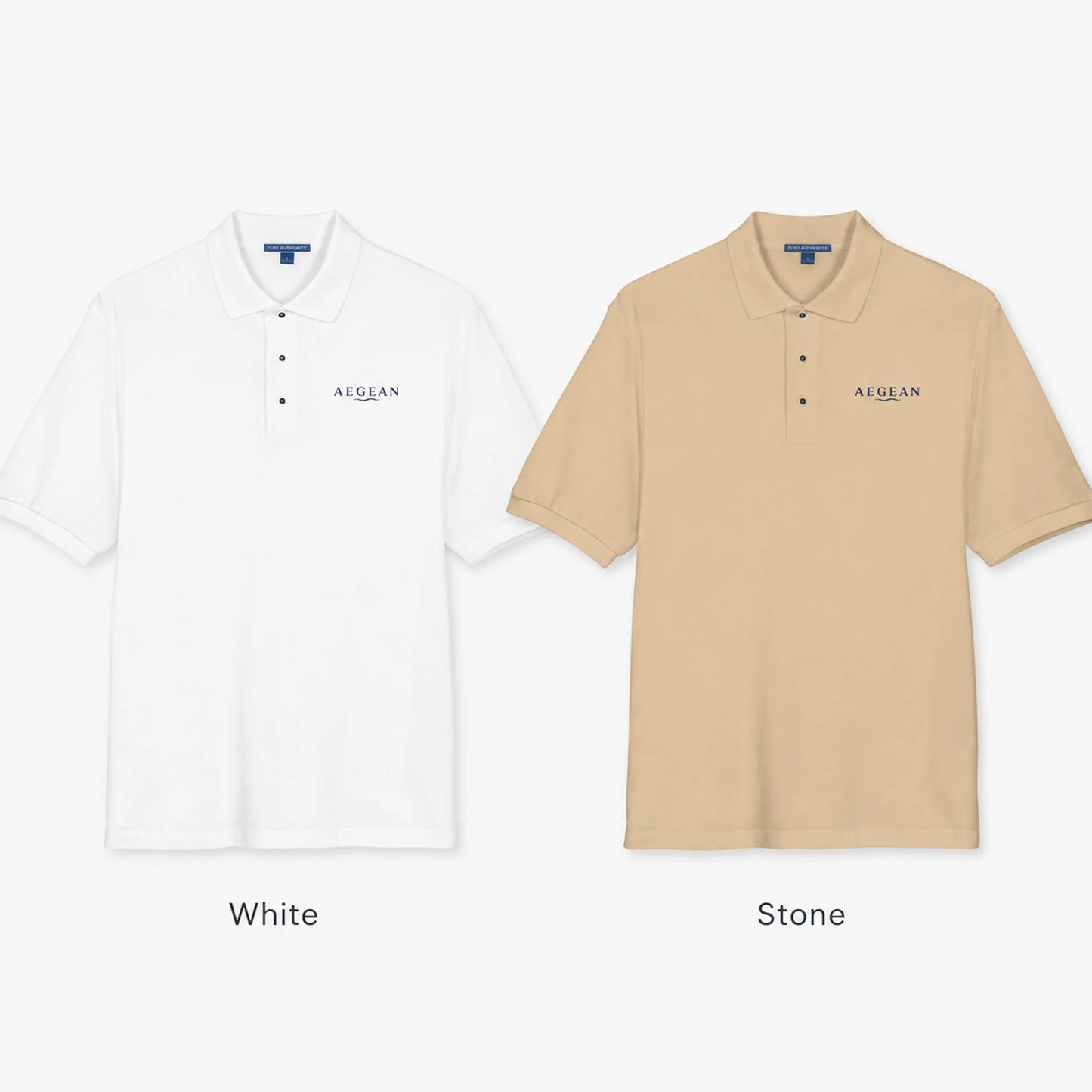 Two short-sleeve polo shirts shown side by side on a light gray background, labeled White and Stone. Each shirt has a collar, three-button placket, and a small AEGEAN logo on the left chest.
