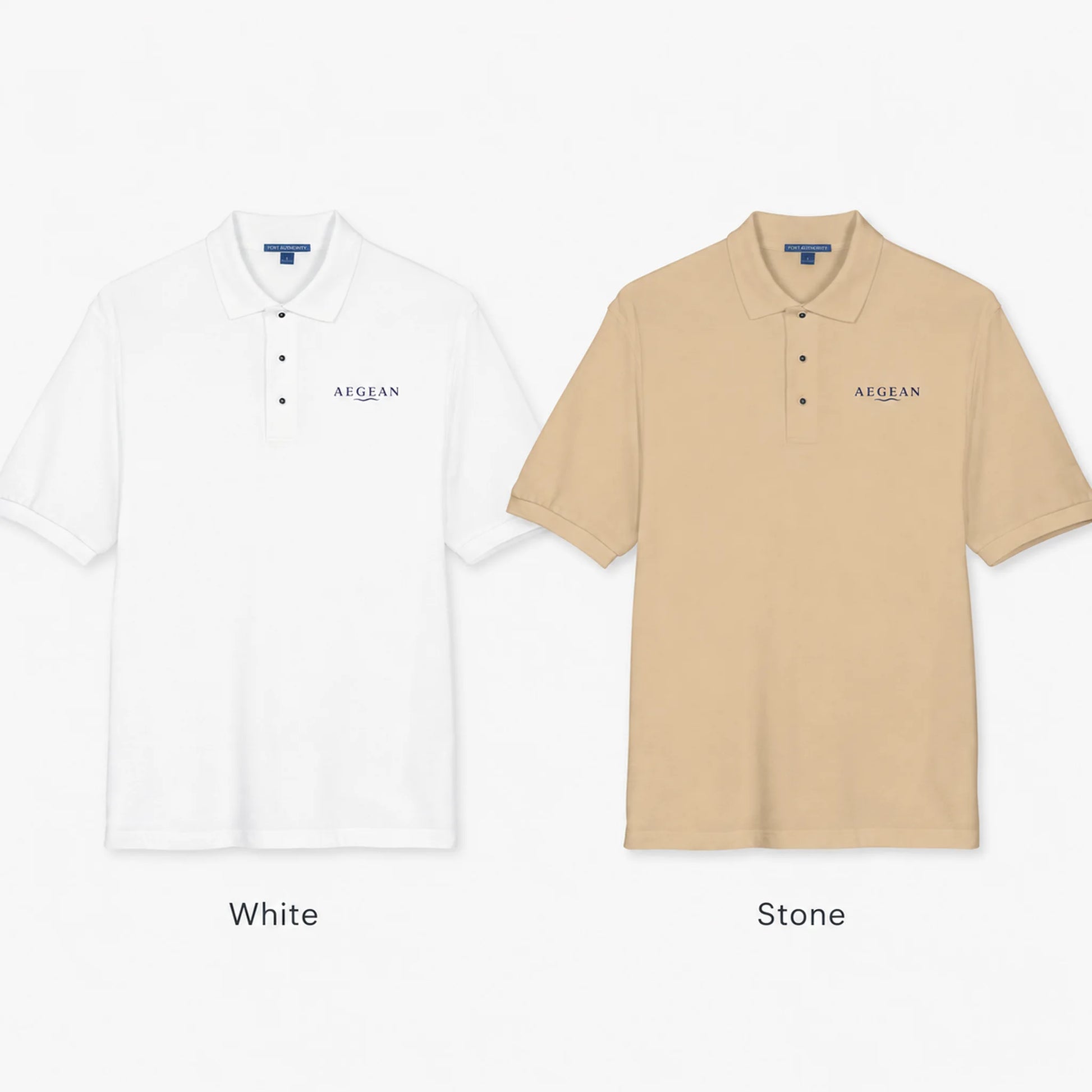 Two short-sleeve polo shirts shown side by side on a light gray background, labeled White and Stone. Each shirt has a collar, three-button placket, and a small AEGEAN logo on the left chest.