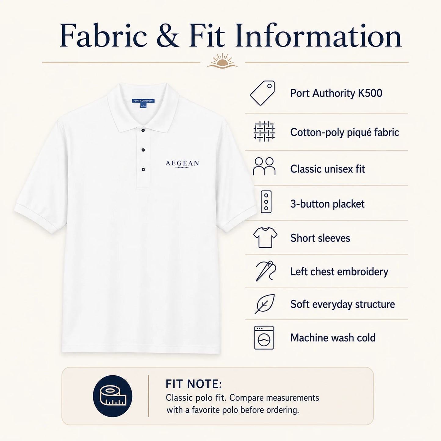 White polo shirt shown with fabric and fit information text on a light beige background. The shirt has a small AEGEAN logo embroidered on the left chest and a blue neck label.