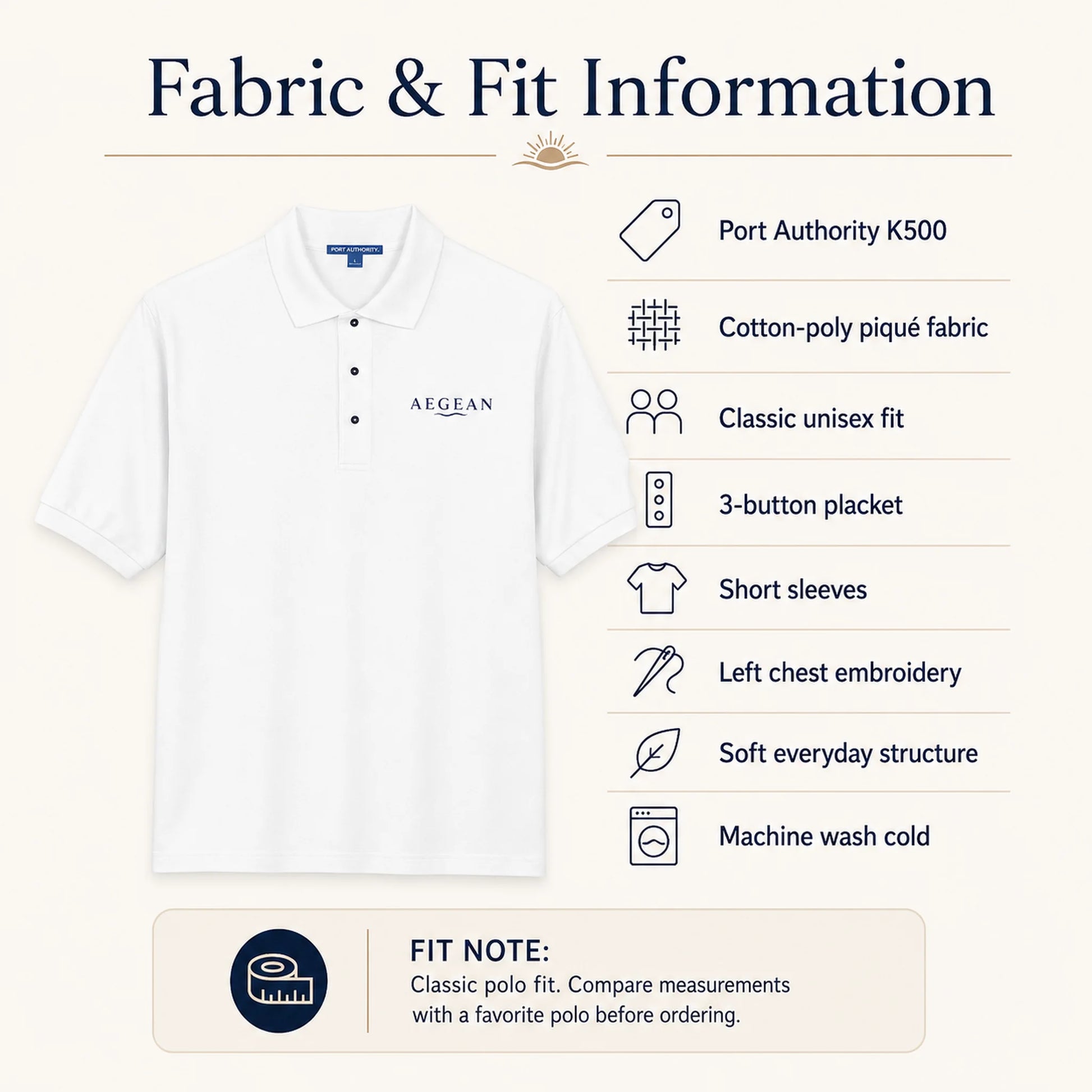 White polo shirt shown with fabric and fit information text on a light beige background. The shirt has a small AEGEAN logo embroidered on the left chest and a blue neck label.