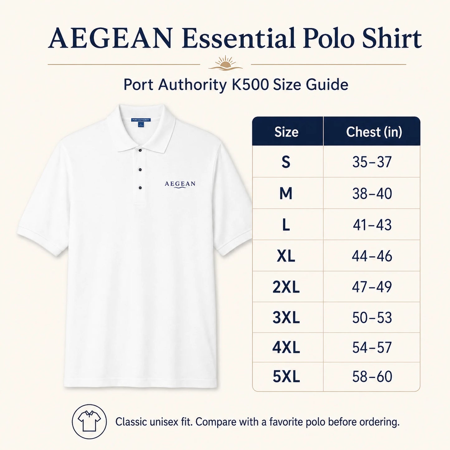 Port Authority K500 size guide for the AEGEAN Essential Polo Shirt, showing a white polo shirt on the left and a size table on the right with chest measurements from S to 5XL.