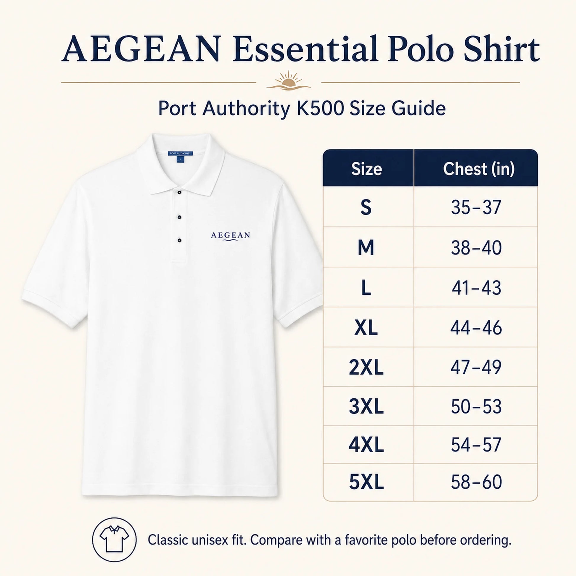 Port Authority K500 size guide for the AEGEAN Essential Polo Shirt, showing a white polo shirt on the left and a size table on the right with chest measurements from S to 5XL.